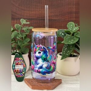 Unicorn Glass Tumbler with Straw and Created with a Purpose Keychain